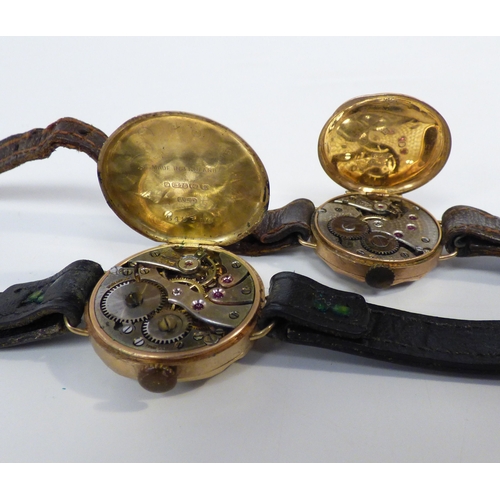 17 - Two early 20thC 9ct gold cased manual wristwatches, each faced by an Arabic dial, on leather straps