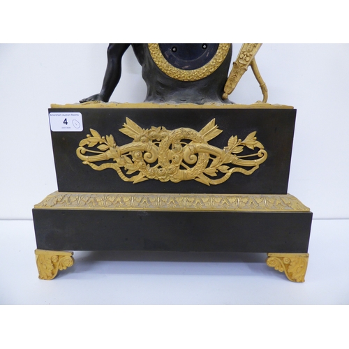 4 - An early 20thC (probably) French bronze and gilt metal cased mantel clock, surmounted by an angelic ... 