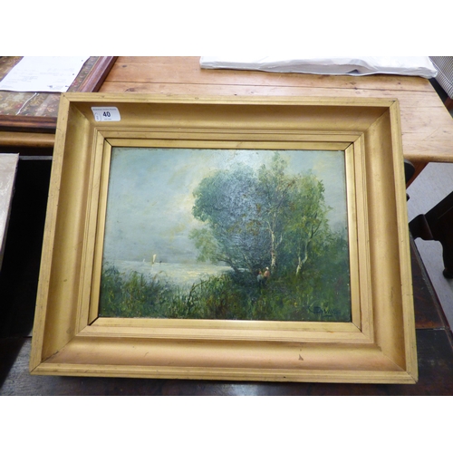40 - Three pictures: to include C.Soyls - a view from a woodland, towards a shoreline at dusk&nbsp; oil o... 