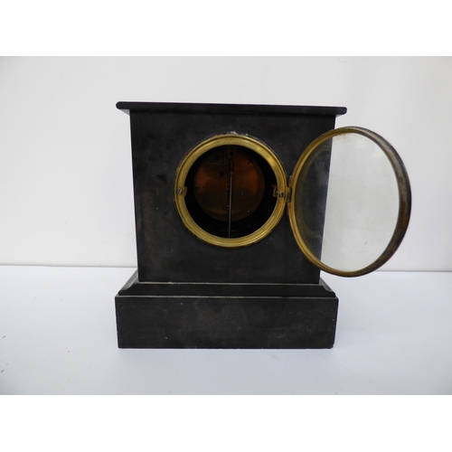 5 - Three variously cased and aged mantel clocks: to include an early 20thC black slate and marble examp... 