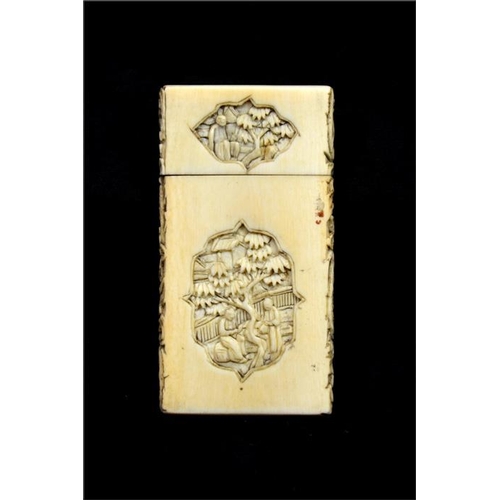 105 - λ A Chinese carved ivory card case, 19th century, each side modelled in relief with vignettes into a... 