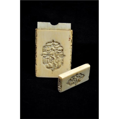 105 - λ A Chinese carved ivory card case, 19th century, each side modelled in relief with vignettes into a... 