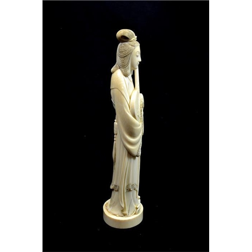 116 - λ A Japanese carved ivory Okimono, Meiji, late 19th century, modelled as a musician holding a string... 