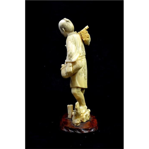 117 - λ A Japanese carved ivory okimono, Meiji, 19th century, modelled as a gardener with a basket of vege... 