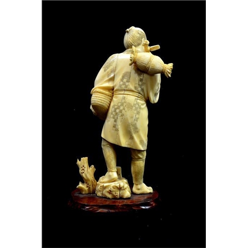 117 - λ A Japanese carved ivory okimono, Meiji, 19th century, modelled as a gardener with a basket of vege... 