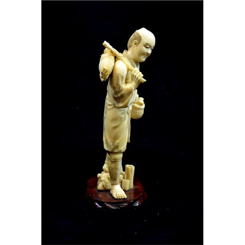 117 - λ A Japanese carved ivory okimono, Meiji, 19th century, modelled as a gardener with a basket of vege... 