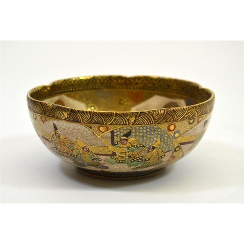 13 - A Japanese Satsuma bowl, Meiji, 19th century, lobed rim, decorated with panels of  Samurai, elders a... 