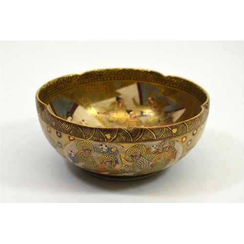 13 - A Japanese Satsuma bowl, Meiji, 19th century, lobed rim, decorated with panels of  Samurai, elders a... 