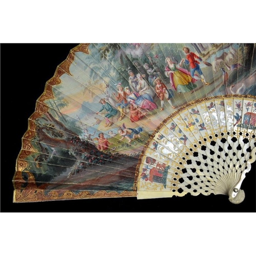 133 - λ A mid 18th century ivory fan, with ivory sticks and guards, the guards covered in engraved mother ... 