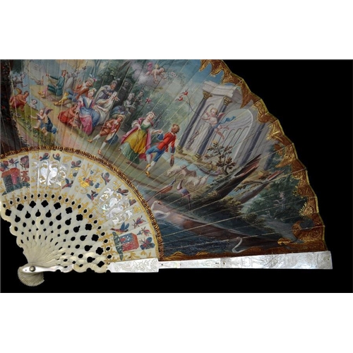 133 - λ A mid 18th century ivory fan, with ivory sticks and guards, the guards covered in engraved mother ... 