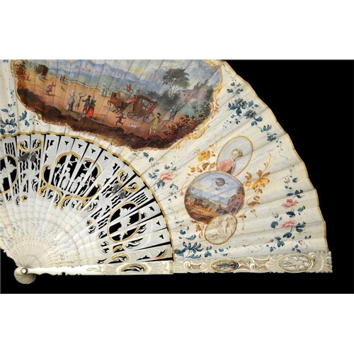 136 - λ A late 18th century painted ballooning fan, the carved and gilt guards with mother-of-pearl veneer... 