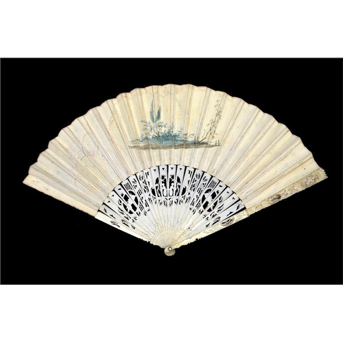 136 - λ A late 18th century painted ballooning fan, the carved and gilt guards with mother-of-pearl veneer... 