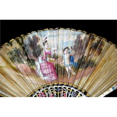 138 - λ A very rare 18th century miniature ivory fan, the guards with the finest possible piqué work and p... 