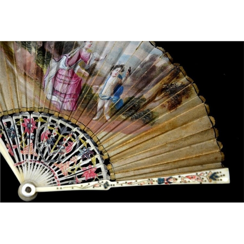 138 - λ A very rare 18th century miniature ivory fan, the guards with the finest possible piqué work and p... 