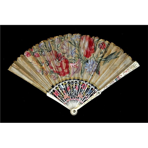 138 - λ A very rare 18th century miniature ivory fan, the guards with the finest possible piqué work and p... 