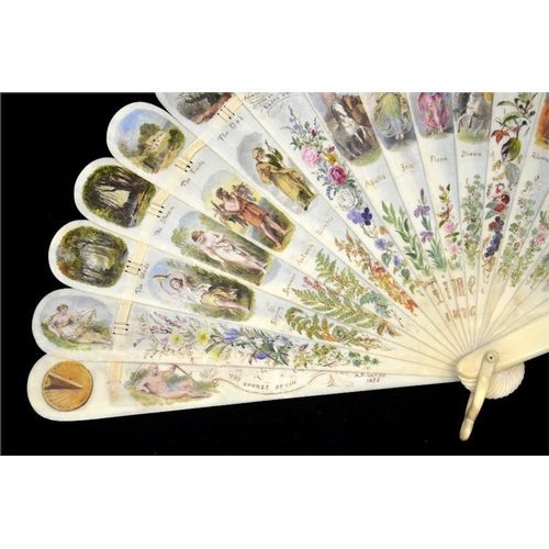 139 - λ 'Time', a 19th century ivory brisé fan by A.D. Lucas 1876, the sticks beautifully painted with min... 