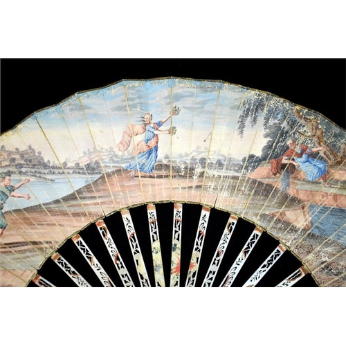 141 - λ A late 18th century fan, the ivory guards and sticks carved and pierced with baskets of flowers, t... 