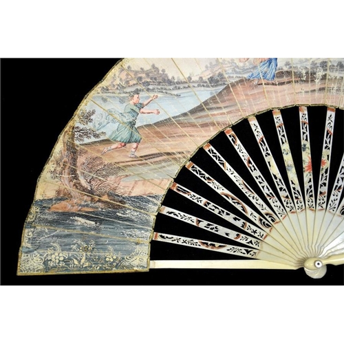 141 - λ A late 18th century fan, the ivory guards and sticks carved and pierced with baskets of flowers, t... 