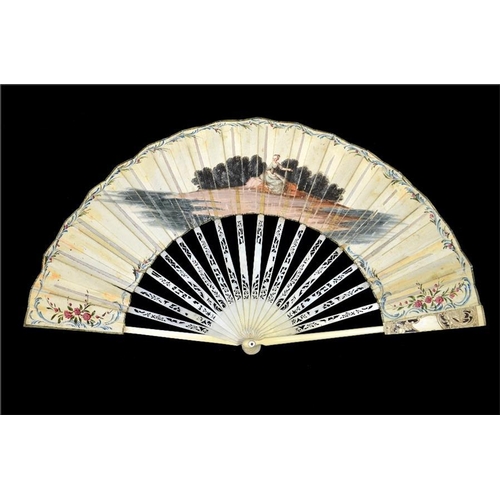 141 - λ A late 18th century fan, the ivory guards and sticks carved and pierced with baskets of flowers, t... 