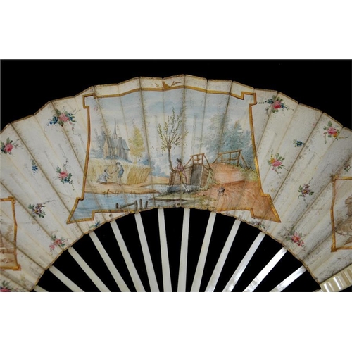 144 - λ A late 18th century Dutch ivory fan with carved guards and plain sticks, the leaf mounted à langl... 