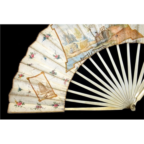 144 - λ A late 18th century Dutch ivory fan with carved guards and plain sticks, the leaf mounted à langl... 