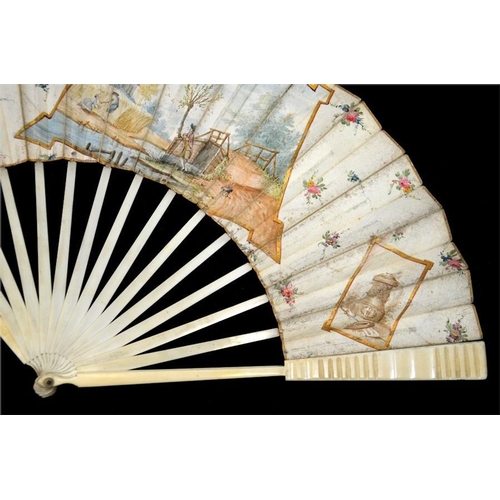 144 - λ A late 18th century Dutch ivory fan with carved guards and plain sticks, the leaf mounted à langl... 