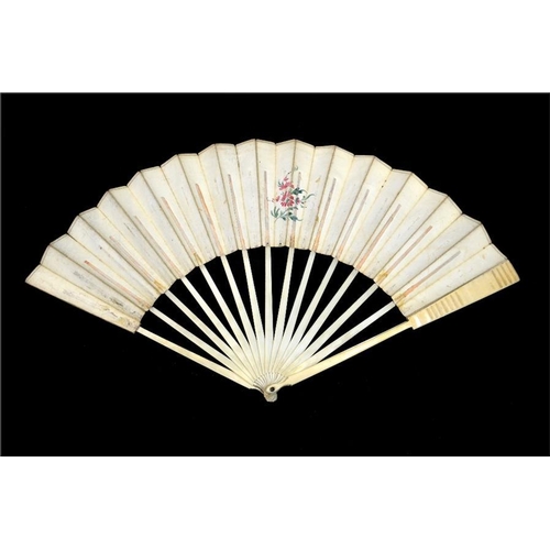 144 - λ A late 18th century Dutch ivory fan with carved guards and plain sticks, the leaf mounted à langl... 