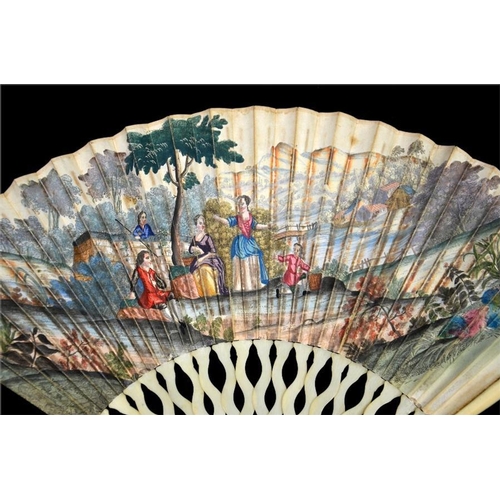 145 - λ A printed and hand coloured early 18th century ivory fan, with plain ivory serpentine sticks, the ... 