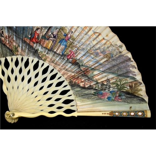 145 - λ A printed and hand coloured early 18th century ivory fan, with plain ivory serpentine sticks, the ... 