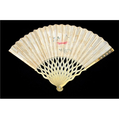 145 - λ A printed and hand coloured early 18th century ivory fan, with plain ivory serpentine sticks, the ... 