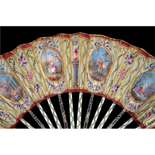 146 - λ A fine late 18th century fan, The seasons, with carved and pierced ivory guards and sticks, the ... 