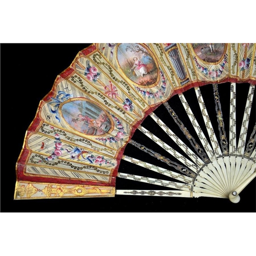 146 - λ A fine late 18th century fan, The seasons, with carved and pierced ivory guards and sticks, the ... 