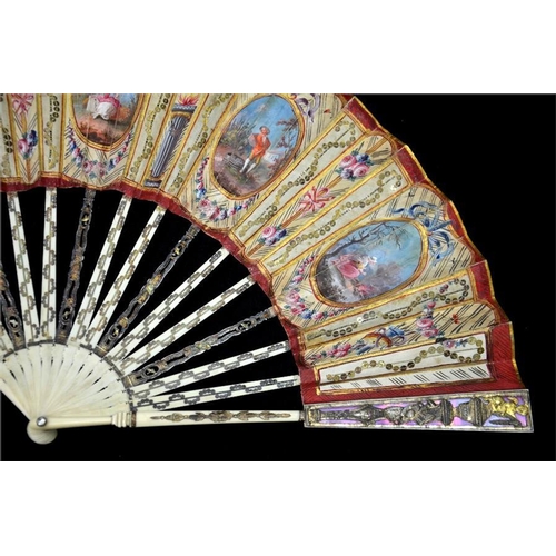 146 - λ A fine late 18th century fan, The seasons, with carved and pierced ivory guards and sticks, the ... 