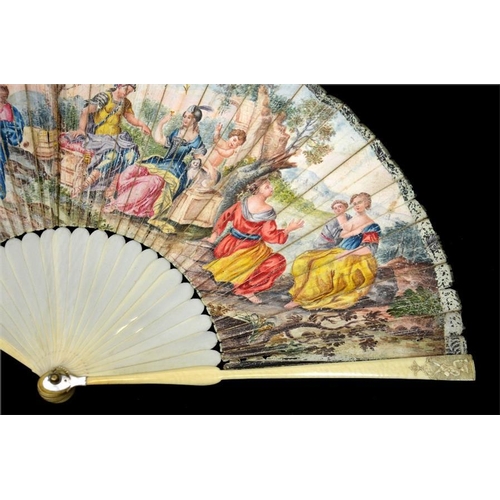 149 - λ An early 18th century ivory fan, with carved ivory guards and plain sticks, the guards carved at t... 