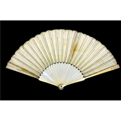 149 - λ An early 18th century ivory fan, with carved ivory guards and plain sticks, the guards carved at t... 