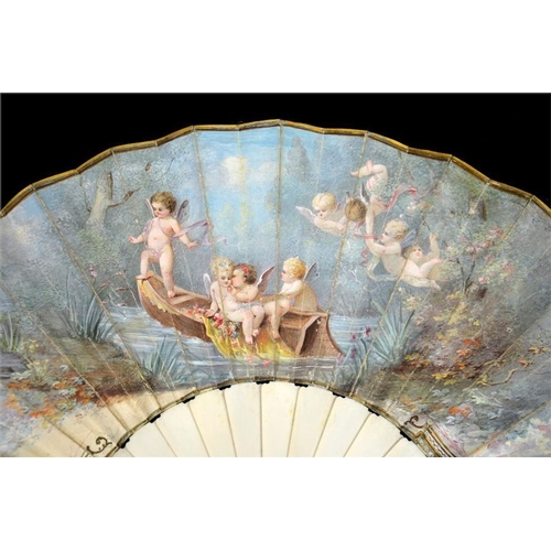 152 - λ A fine late 19th century French painted and signed fan, with plain ivory guards and sticks, the le... 