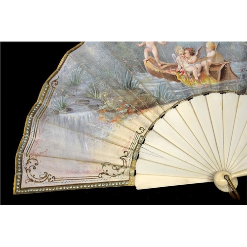 152 - λ A fine late 19th century French painted and signed fan, with plain ivory guards and sticks, the le... 