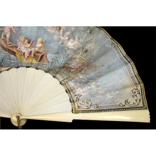 152 - λ A fine late 19th century French painted and signed fan, with plain ivory guards and sticks, the le... 