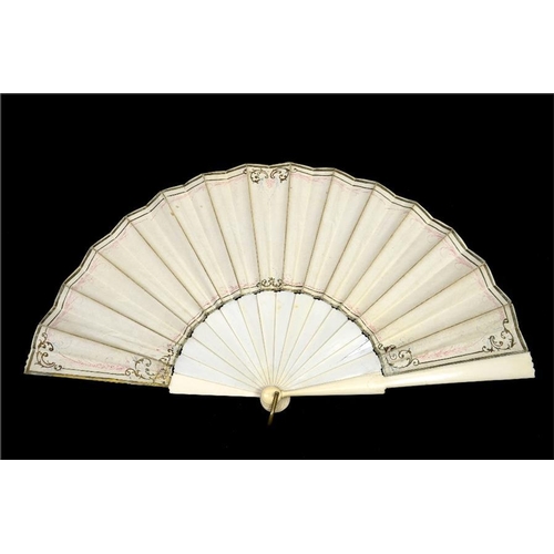 152 - λ A fine late 19th century French painted and signed fan, with plain ivory guards and sticks, the le... 