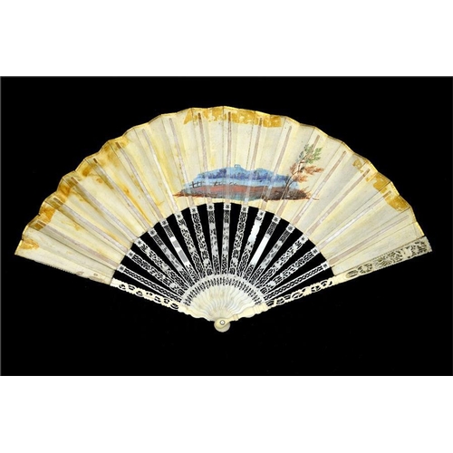 153 - λ A late 18th century ivory fan, with elaborately carved and pierced guards and sticks, the guards c... 