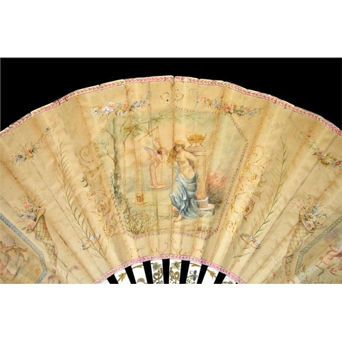 154 - A very large 19th century Victorian painted and signed fan 1895, with silvered and gilt carved guard... 