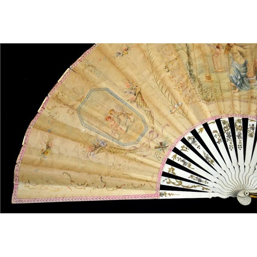 154 - A very large 19th century Victorian painted and signed fan 1895, with silvered and gilt carved guard... 