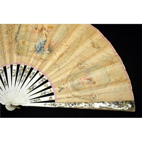 154 - A very large 19th century Victorian painted and signed fan 1895, with silvered and gilt carved guard... 