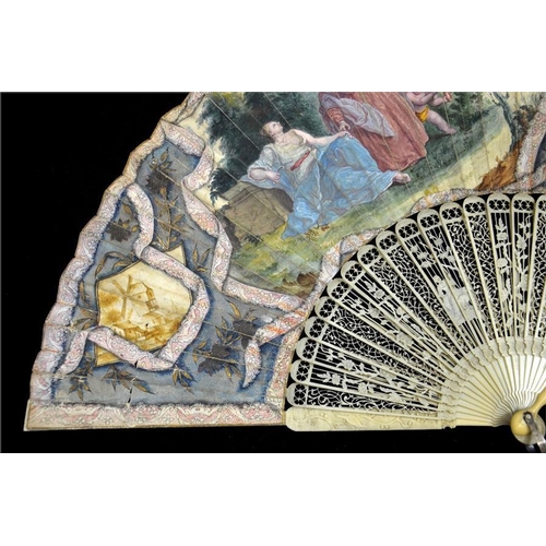 157 - λ A fine mid 18th century ivory fan, with elaborately carved and pierced ivory guards and sticks, th... 