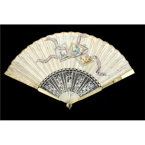 157 - λ A fine mid 18th century ivory fan, with elaborately carved and pierced ivory guards and sticks, th... 