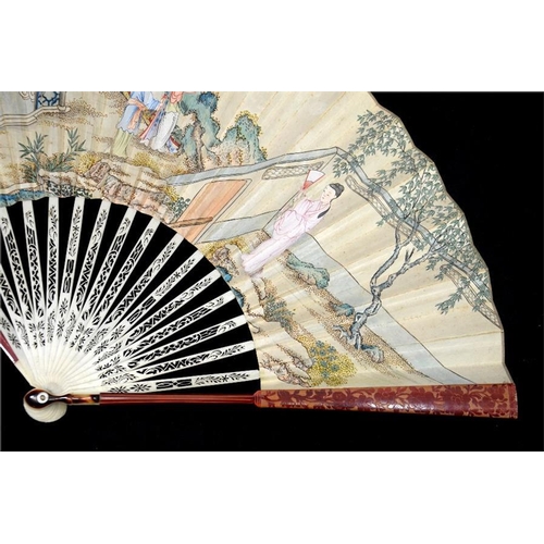 159 - λ An unusual possibly cinnabar lacquer and ivory fan, late 18th century, the bamboo guardsticks carv... 