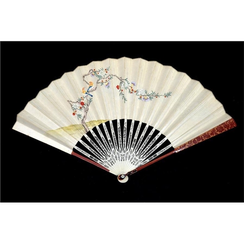 159 - λ An unusual possibly cinnabar lacquer and ivory fan, late 18th century, the bamboo guardsticks carv... 