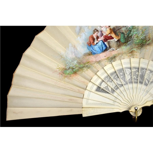 165 - λ A 19th century hand painted and signed silk and ivory fan, the guards carved with a simple foliate... 