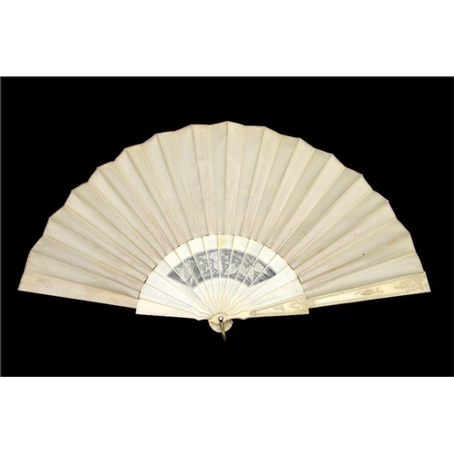 165 - λ A 19th century hand painted and signed silk and ivory fan, the guards carved with a simple foliate... 