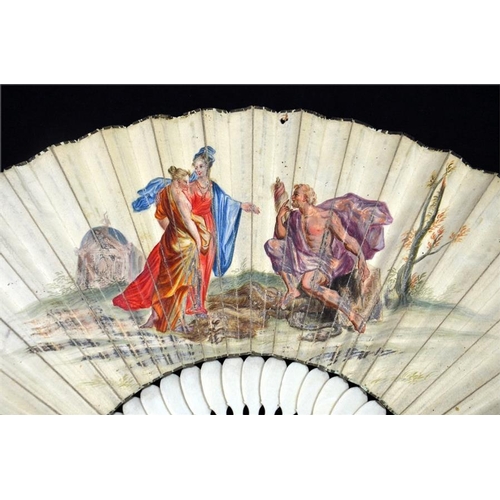 166 - λ An 18th century Ivory Biblical fan with plain ivory sticks and carved guards. The leaf is hand pai... 